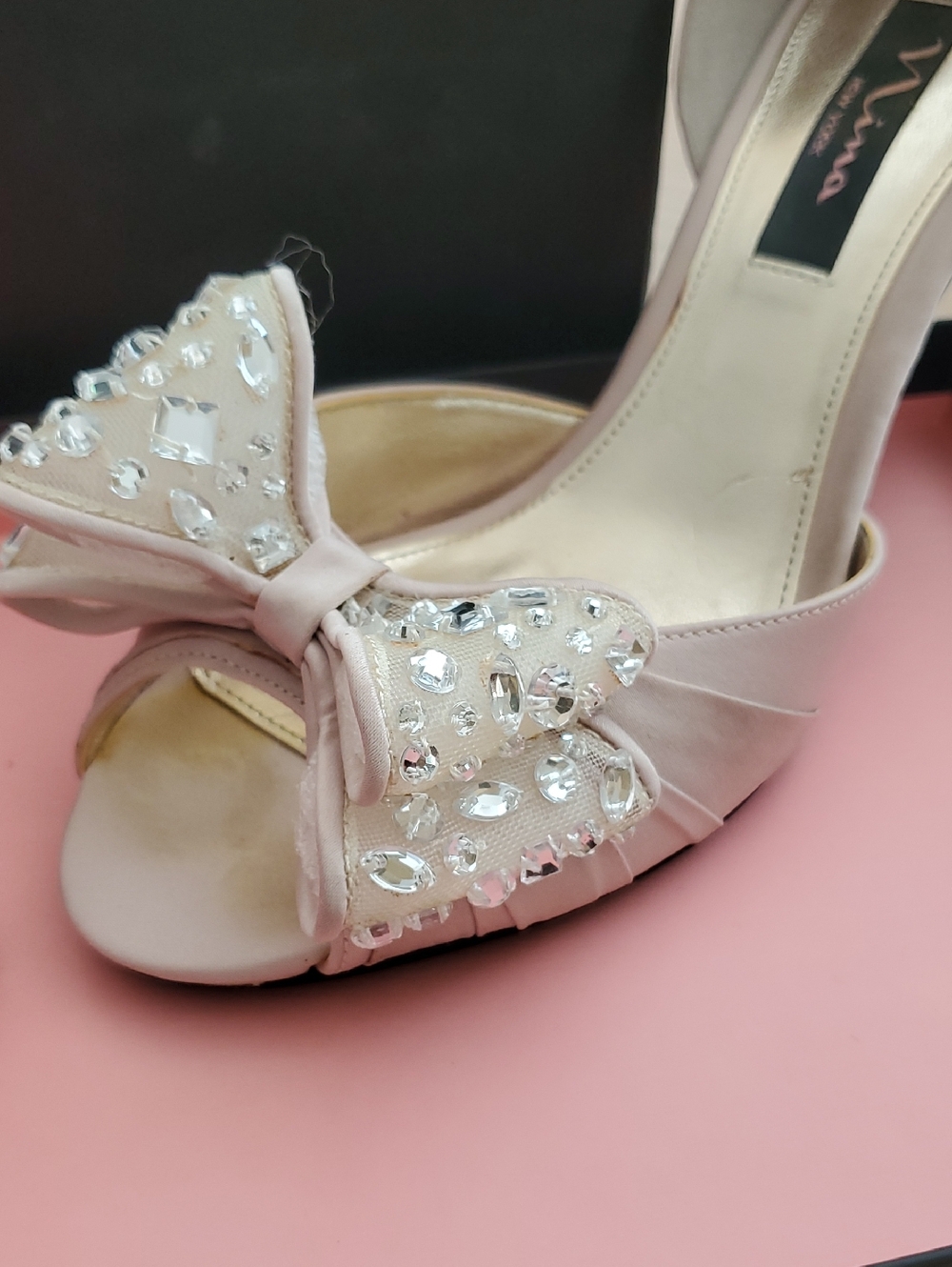 Light Beige Heel Shoes Open Toe With Crystal Accent Bows By Nina Shoes